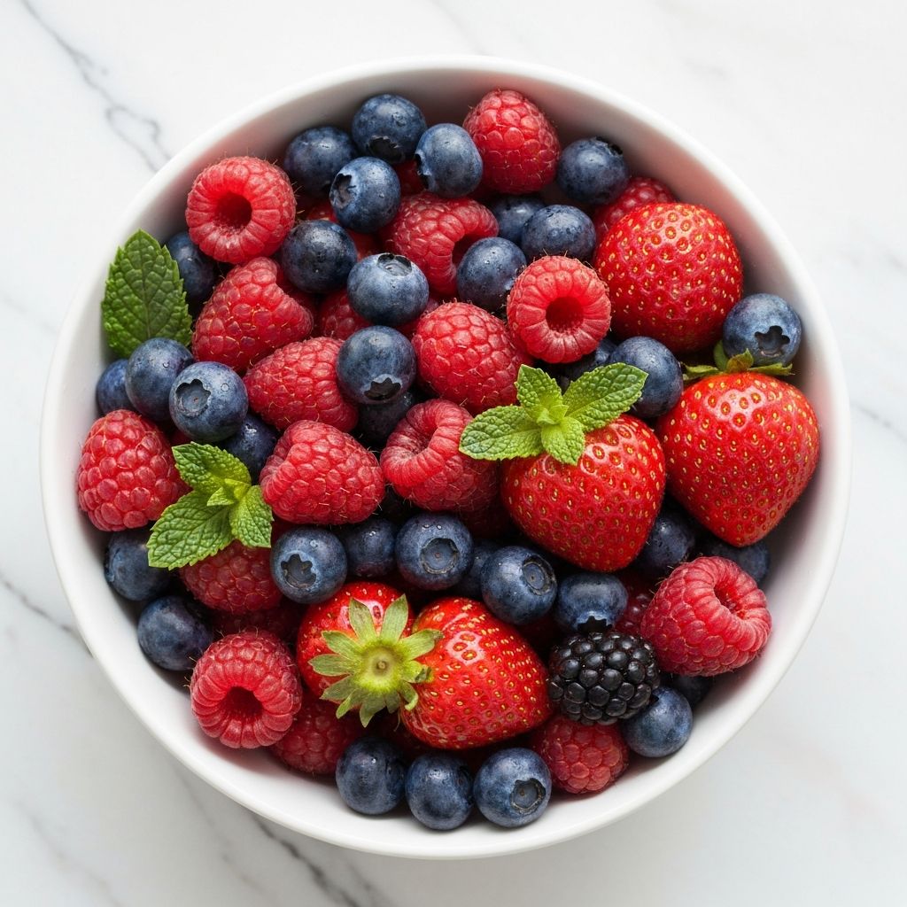 Bowl of mixed berries with fresh mint leaves